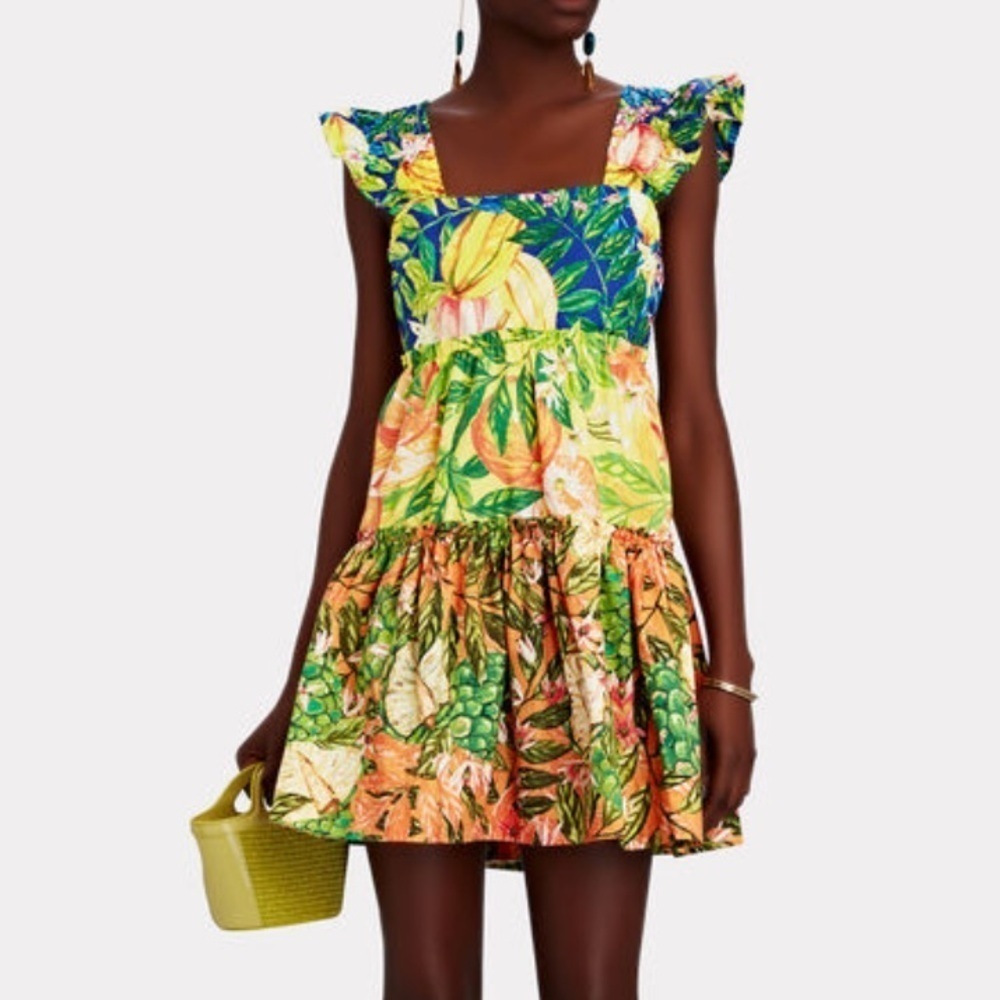 FARM RIO Caipirinha Tiered Printed Ruffle Sleeve Tropical Cotton Mini Dress NWT